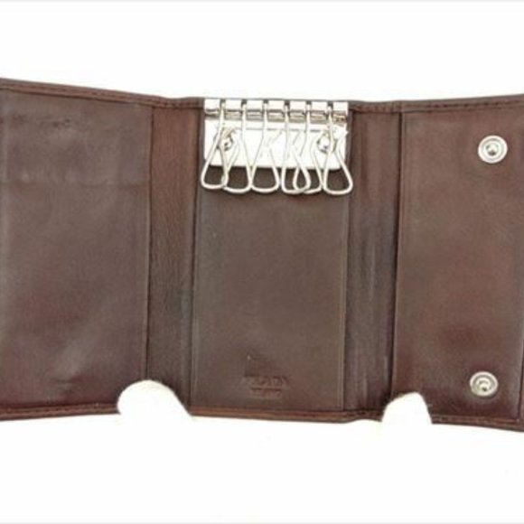 AUTH Prada Key case Key holder Logo Brown Silver leather Mens - Picture 3 of 8